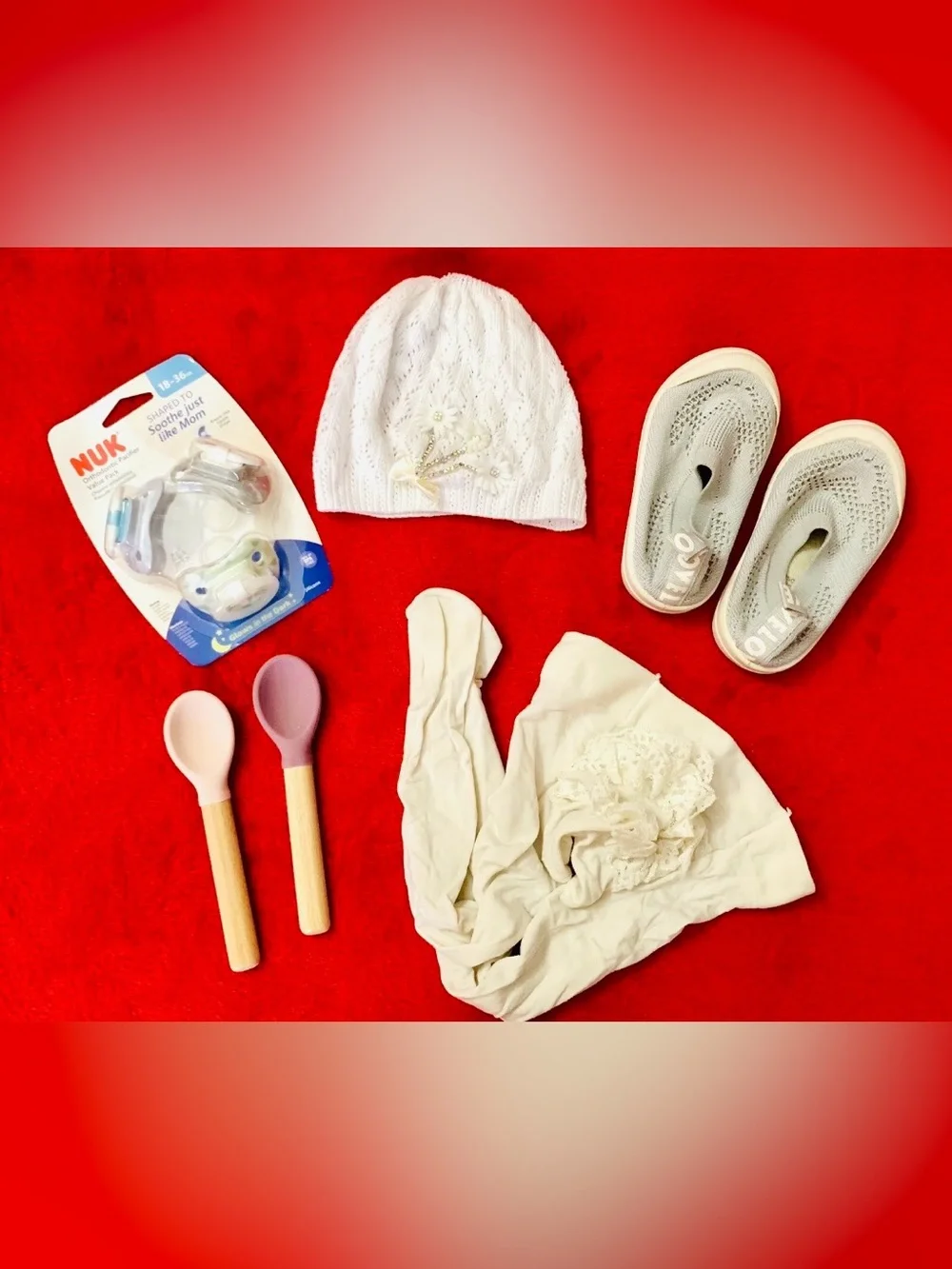 NUK Unisex Baby Lot Pacifiers, White Knit Hat, Gray Slip-On Shoes, Spoons